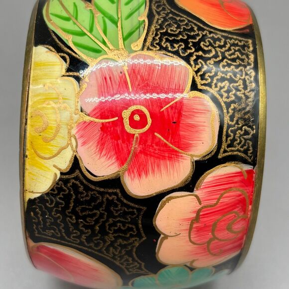 Brass Bangle Bracelet Hand Painted Floral Enamel Wide Boho Retro Vintage Style - Picture 4 of 9